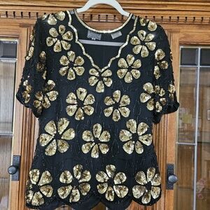 Elegant Sténay Black and Gold Floral Sequin Blouse | 100% Silk | Size S